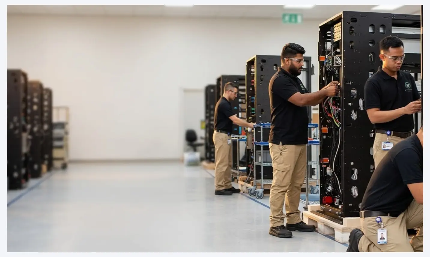 Data Sentry engineers performing secure data center decommissioning in Dubai DXB, safely dismantling heavy enterprise server racks and pulling under-floor cables